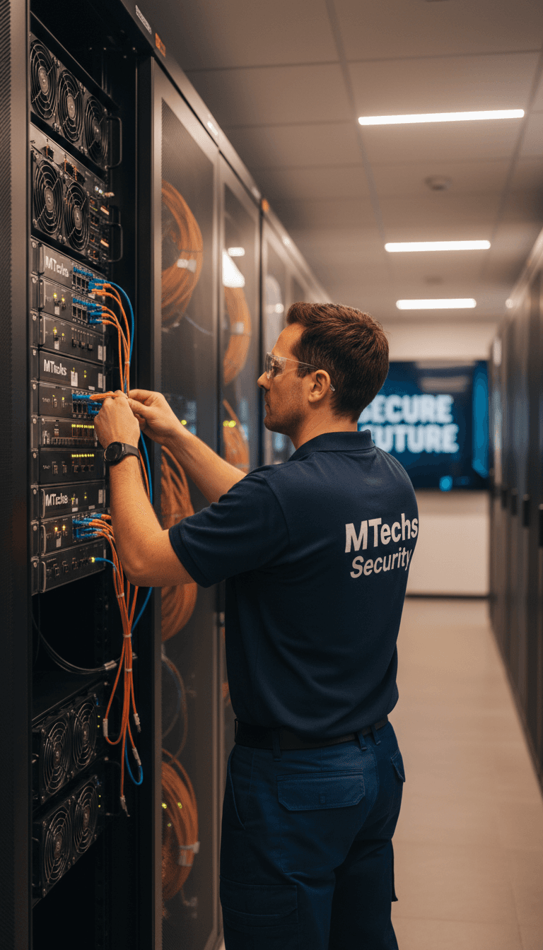 Technician in server room connecting fiber optic cables to security panel