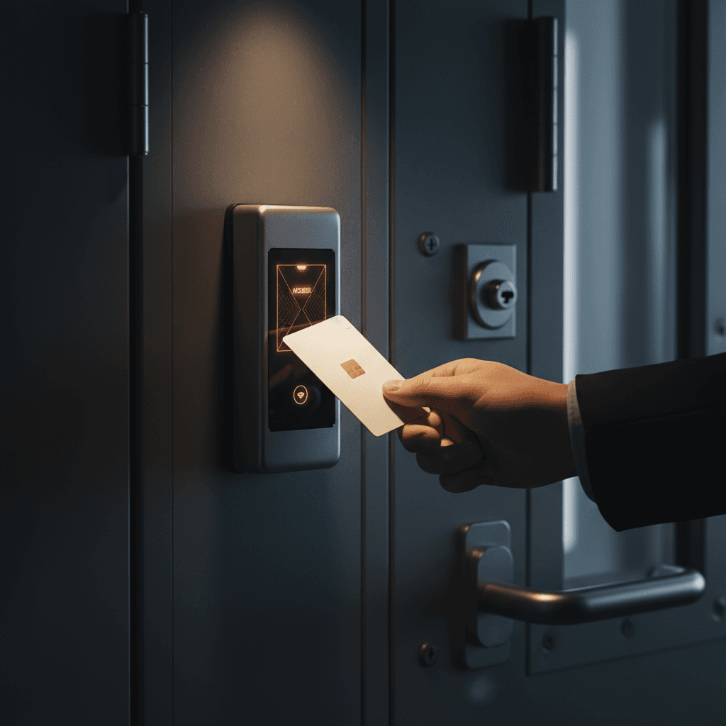 Hand using keycard to access secure government facility door