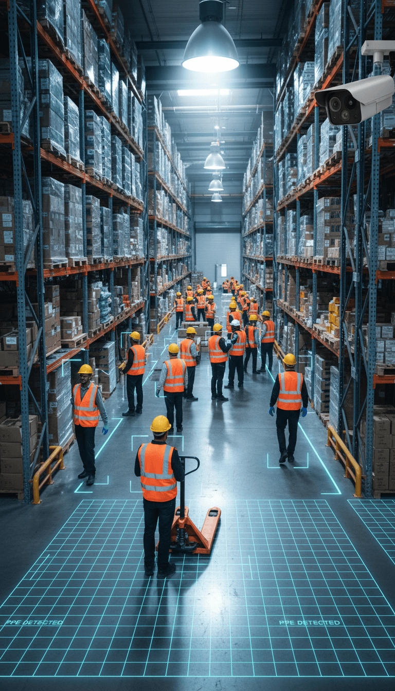 AI detection overlay monitoring workers wearing safety equipment in a warehouse environment
