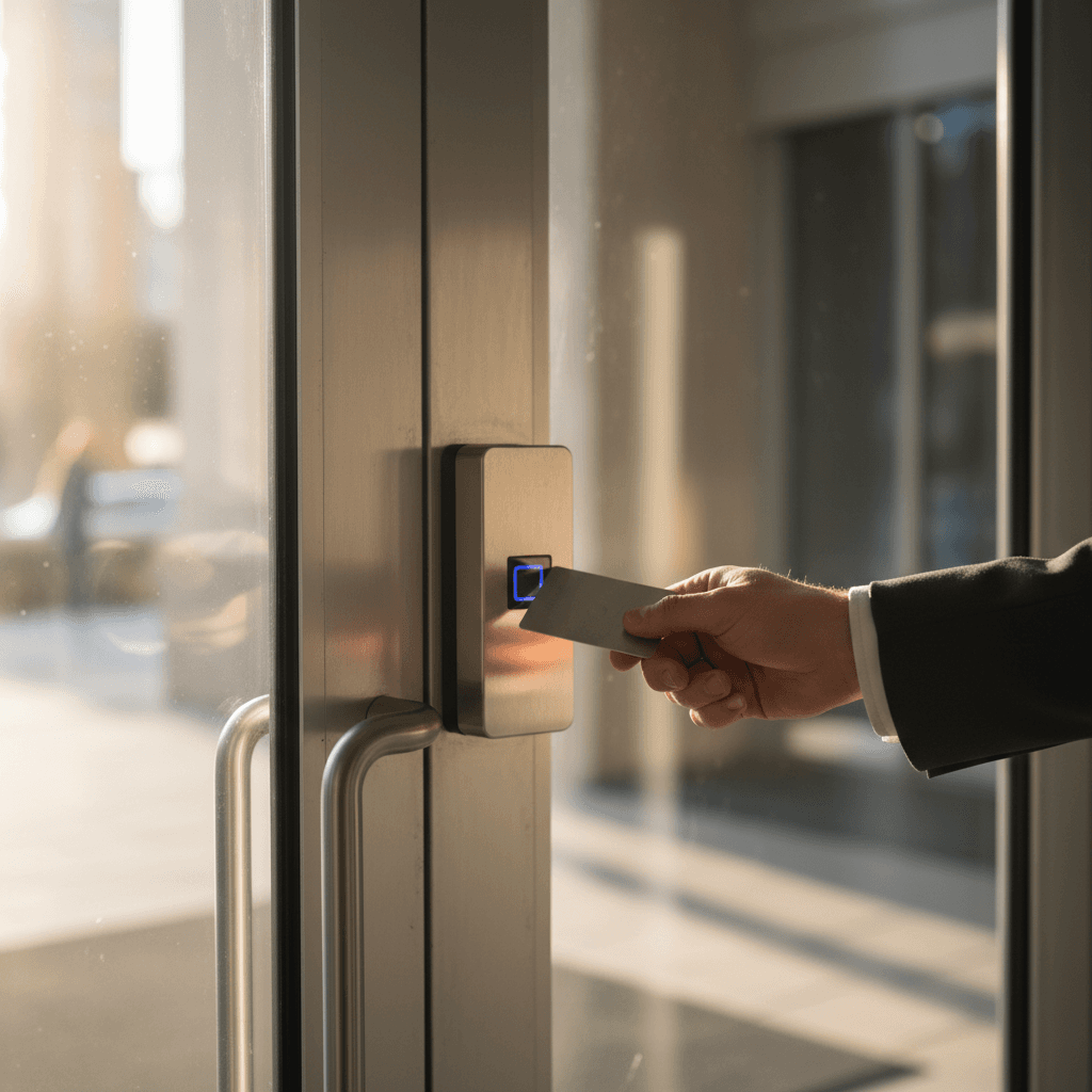 Hand using access control card reader