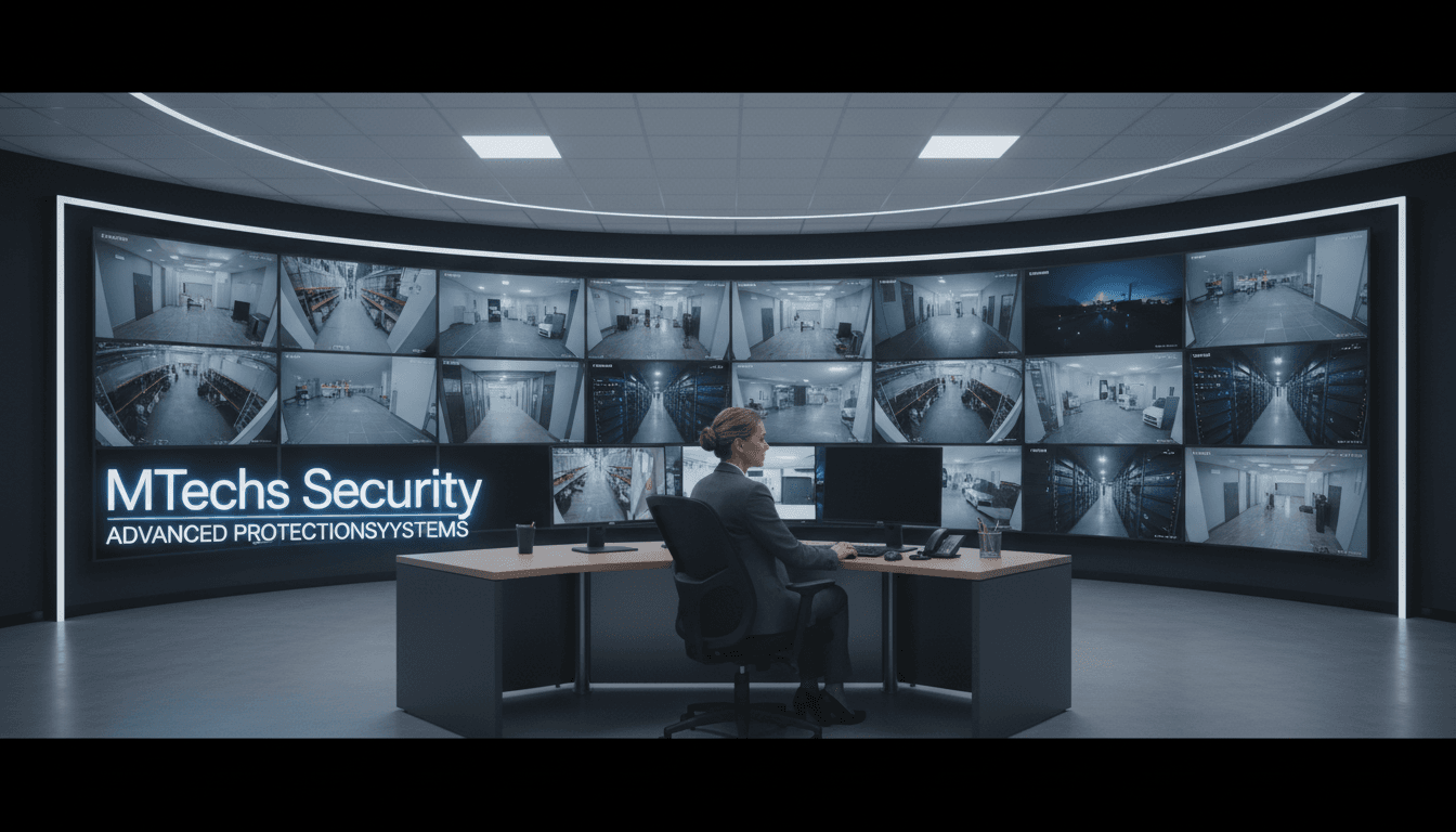 Security control room with CCTV monitors and operator in a modern office.