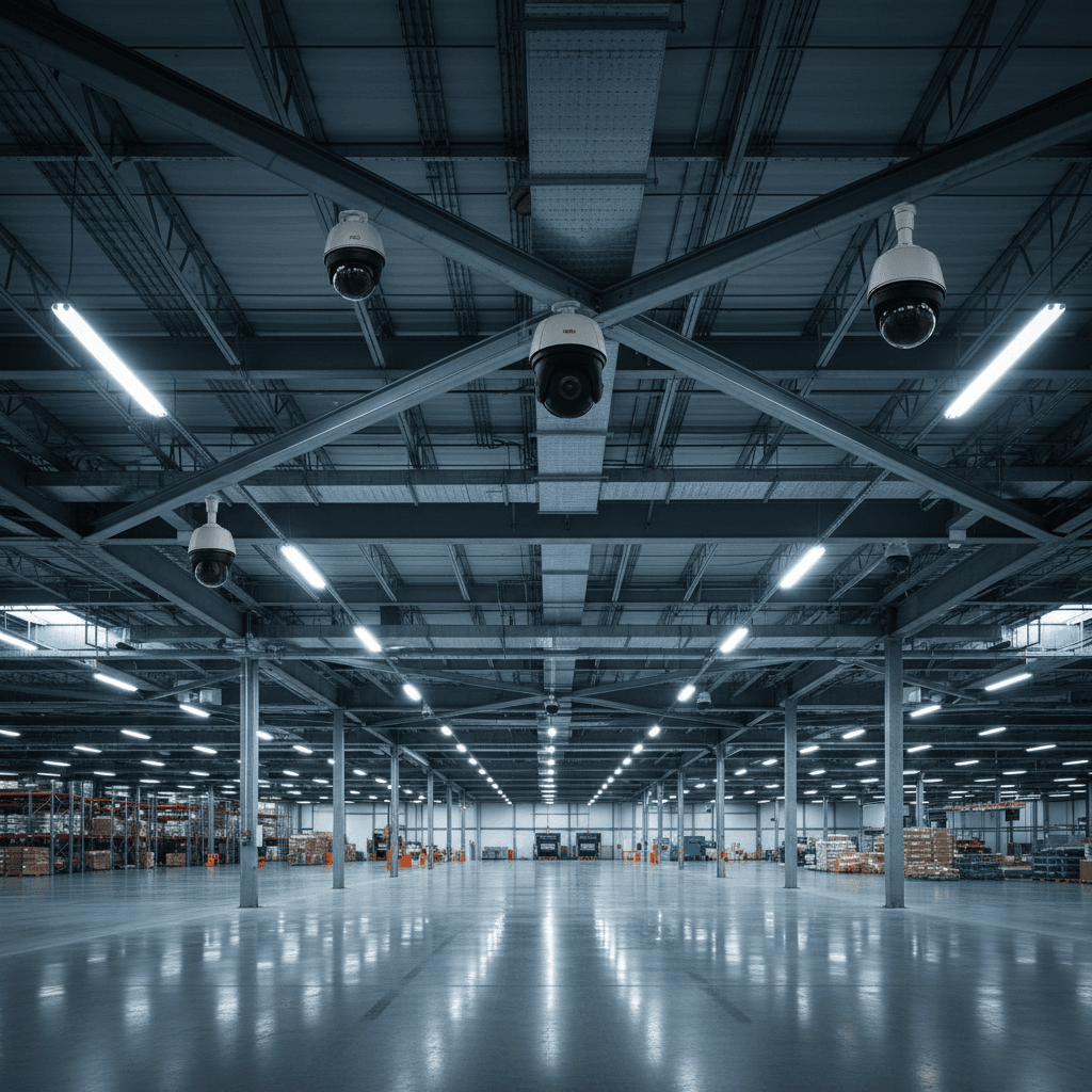 CCTV camera installation in warehouse ceiling
