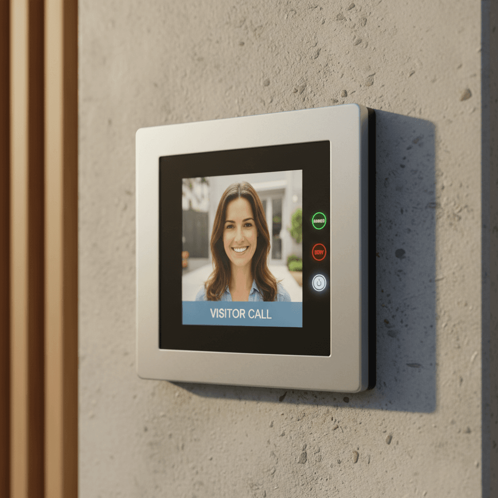 Modern video intercom display on building wall