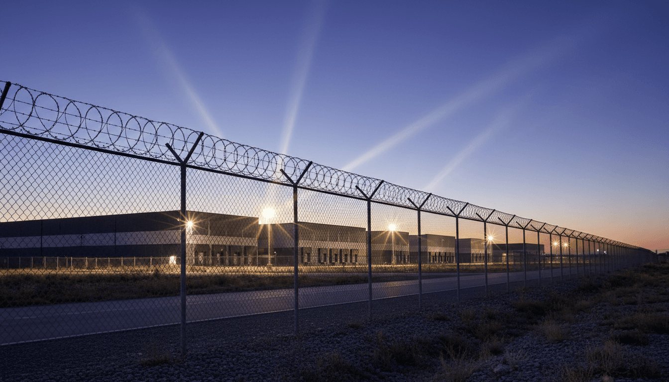 Barbed wire industrial fencing at dusk with distant glowing security lights and silhouetted warehouse buildings.