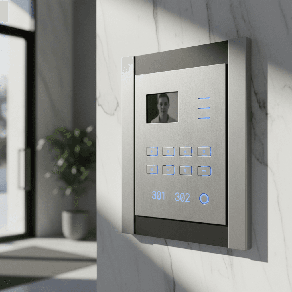 Modern intercom system panel at apartment entry