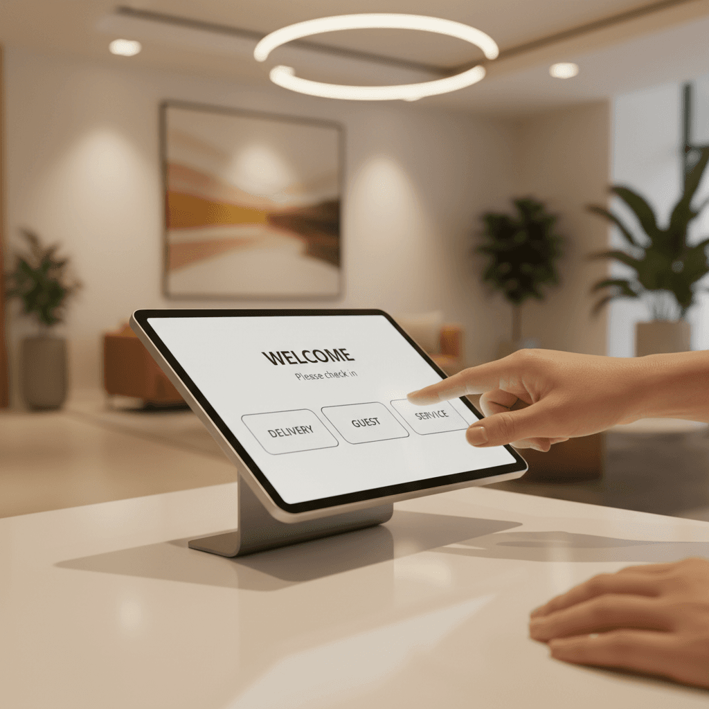Visitor checking in at building reception management kiosk