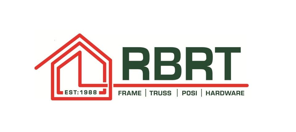 RBRT logo with red house outline, established 1988, listing frame, truss, posi, and hardware.