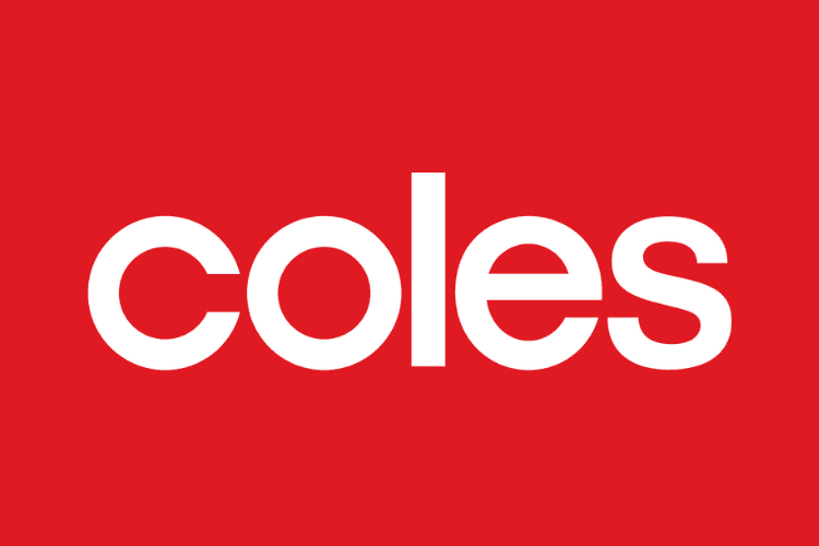 Coles supermarket logo featuring bold white lowercase text centered on a solid bright red background.