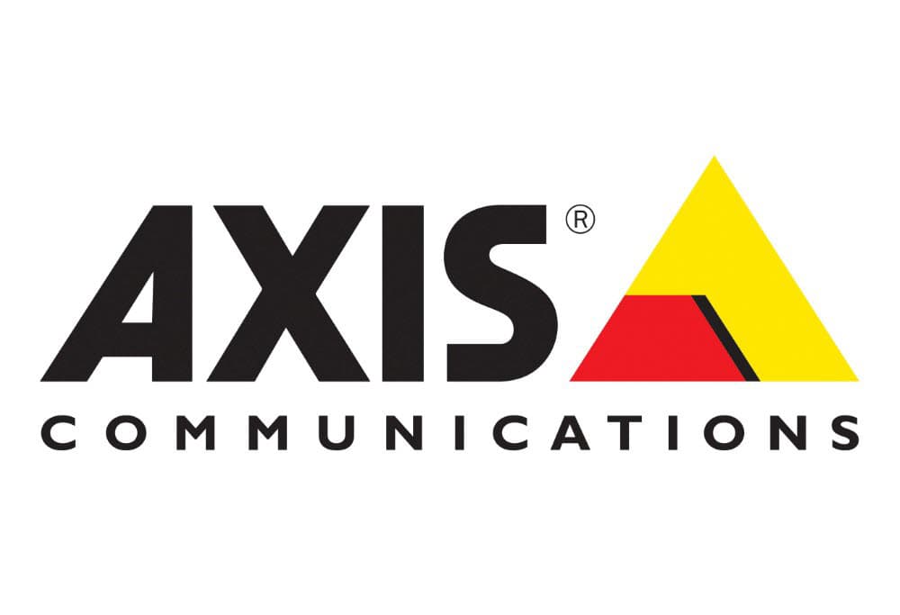 Axis Communications logo with bold black text and a yellow and red triangle graphic.