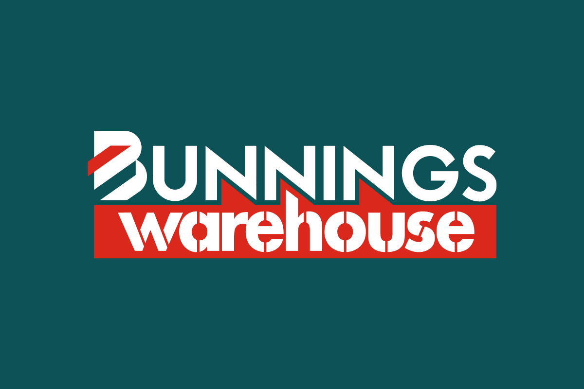 Bunnings Warehouse logo with white text and a red banner on a dark teal background.