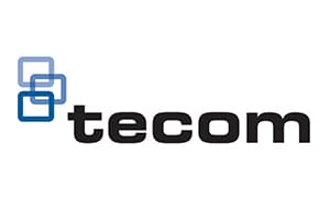Tecom logo featuring black lowercase text and three overlapping blue square outlines on the left.